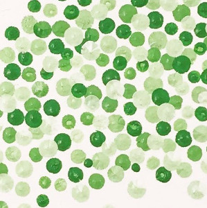 Nærbilde av pointillismemotiv i grønne valører, bokstaven K.