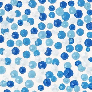 Nærbilde av pointillismemotiv i blå valører, bokstaven U.