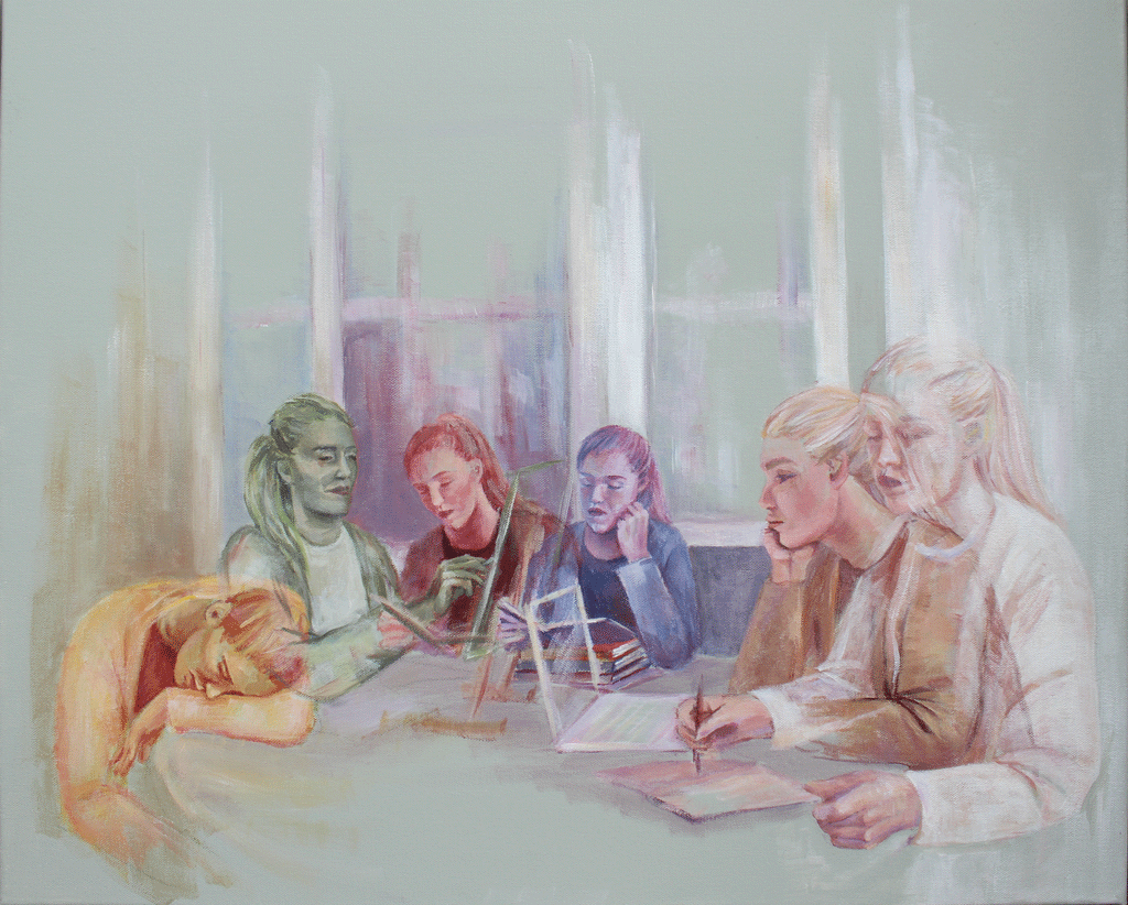 Maleri med seks portretter i ulike farger