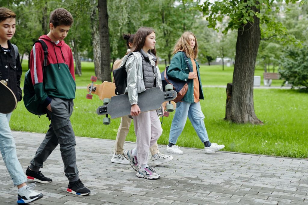 Kids walking in a group.