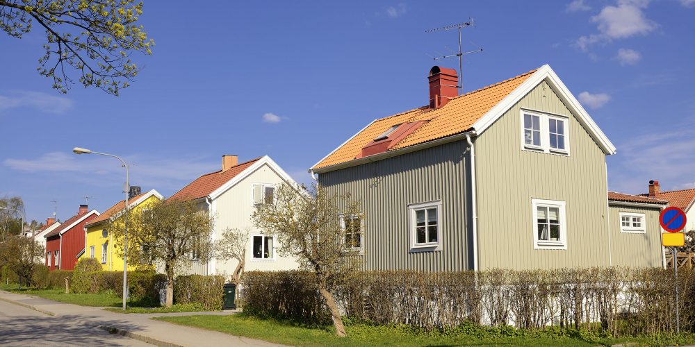 Eneboliger i ulike farger med hager på rekke langs vei