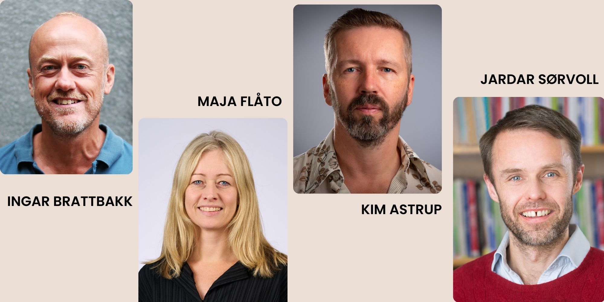 Samling portretter av Ingar Brattbakk, Maja Flåto, Kim Astrup og Jardar Sørvoll