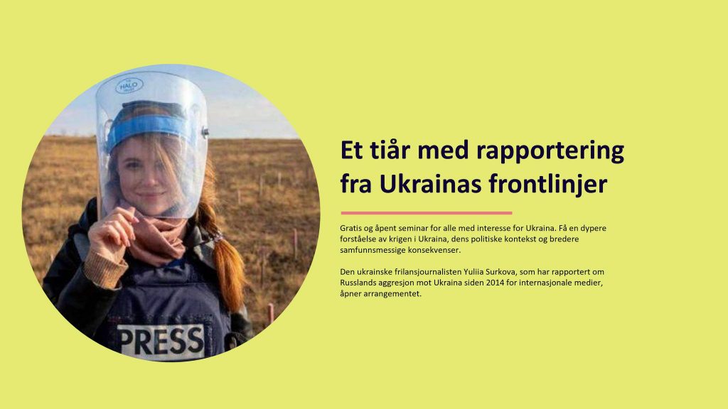 En kvinnelig journalist med hjelm med tittel Et tiår med rapportering fra Ukrainas frontlinjer.