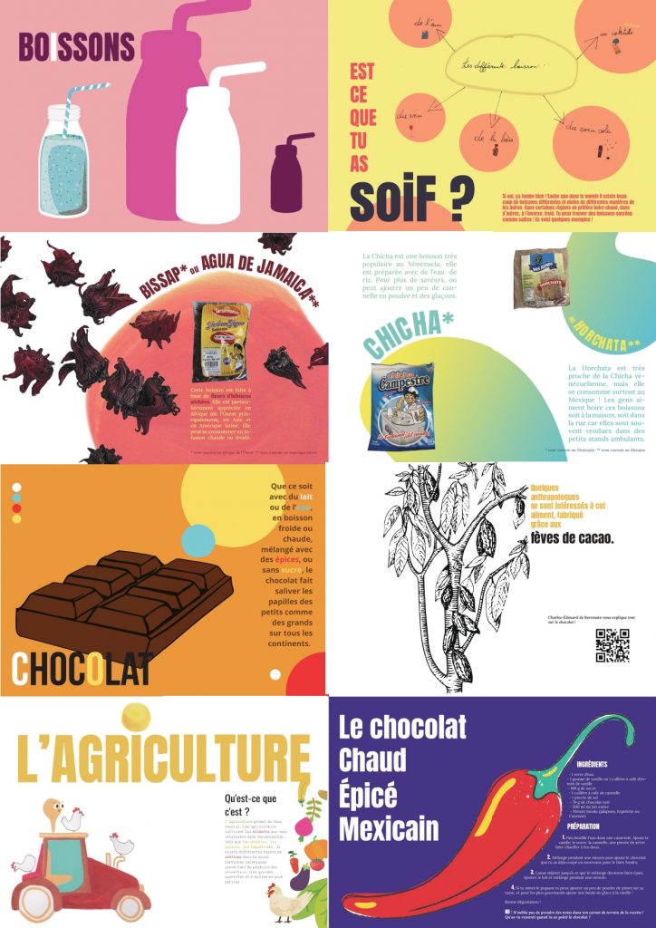 Title : “L’alimenpédie enfantique” : the first draft of some pages of the encyclopaedia

The title “L’alimenpédie enfantique” is based on a French wordplay between food and encyclopaedia (foodpaedia in english), and  children and researchers. Children also created the word “enfantique” in french – used in this case instead of “enfantin” – that is an alternative to the word “childisch”. This title is the one that received the most votes from children among all the titles they proposed. It was decided to include all other titles as sub-headings or on the back cover to ensure that all children's choices were represented. You can see here some examples of draft pages on different food topics that you will find in the children book. These pages are based on the children’s productions and designed by a student named Naomé Desprez.  

