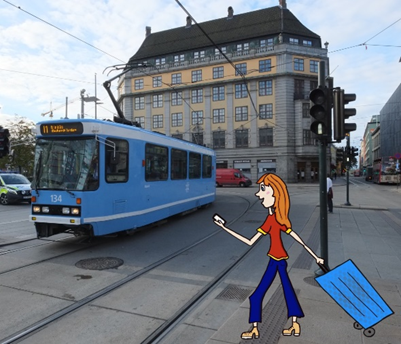 Picture of a tram in Oslo and a sketched girl arriving.