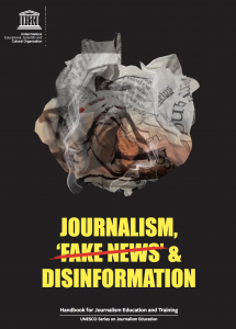 front page of journalism, fake news and disinformation. picture of a  curled up newspaper and the word Fake news whit a red line over it. 