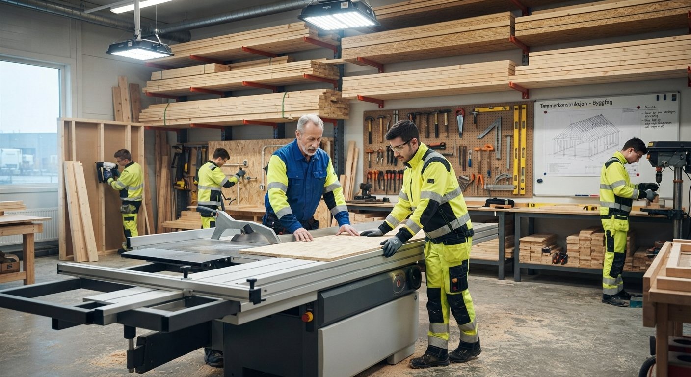 Flere elever i arbeid ved maskiner i et byggfagverksted