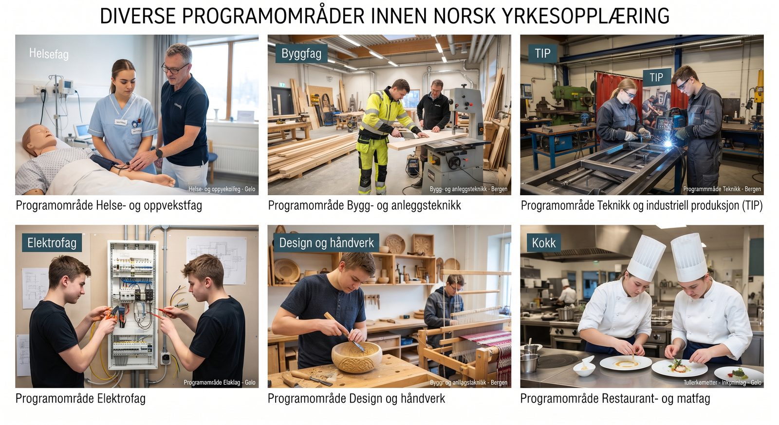 Collage med situasjoner fra helse og oppvekst, bygg og anlegg, teknikk og industriell produksjon, elektro, design og håndverk og restaurant- og matfag