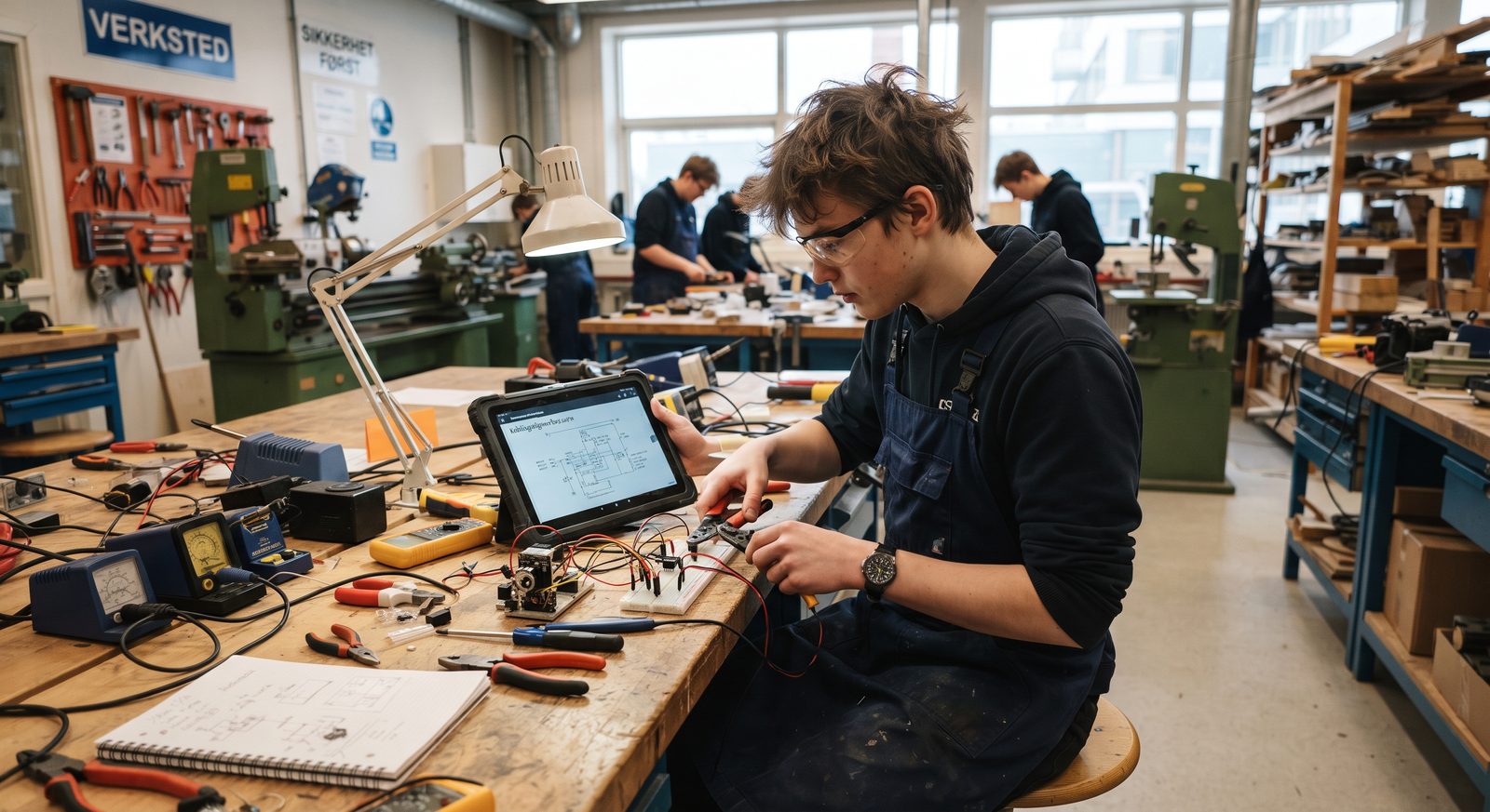 Elev ved arbeidsbenk i et verksted med nettbrett innen rekkevidde