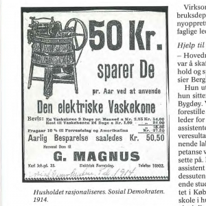 Bildet viser en avisreklame for elektrisk vaskekone - vaskemaskin - fra 1914