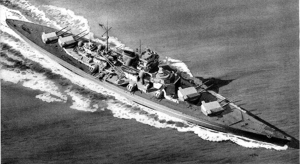 Tirpitz til vanns, sett ovenfra.