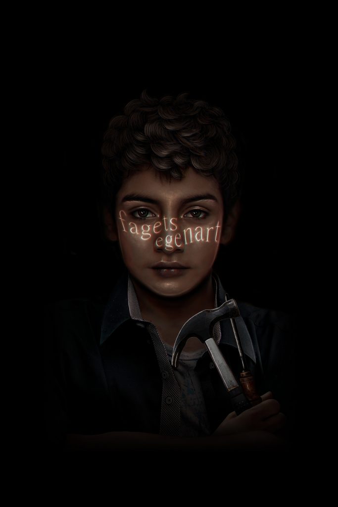 Digital bildemanipulasjon av en gutt som holder en hammer og et stemjern. I ansiktet hans står det skrevet "fagets egenart" med store bokstaver.