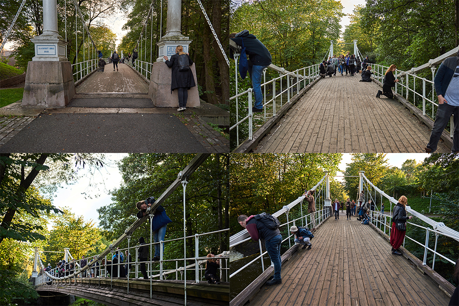 Fire bilder med forskjellige personer som slikker Aamodt bro. Alle deltakerne har posisjonert seg ulikt i forhold til broen. 