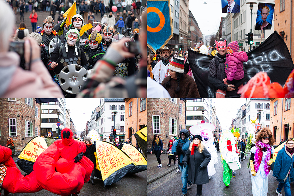 Fire bilder som viser mennesker som deltar i karnevalsparaden i forskjellige kostymer, bærende på ulike rekvisitter. Kostymene er fargerike og har en utradisjonell fremtoning.