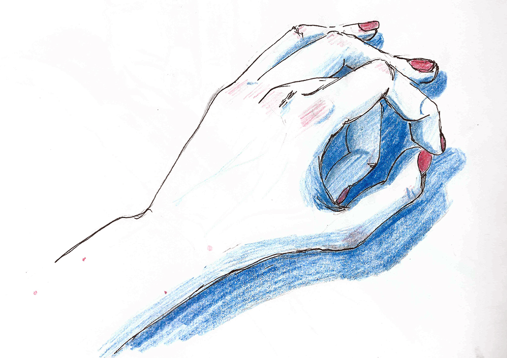 En observasjonstegning av en hånd, i blått og rødt
