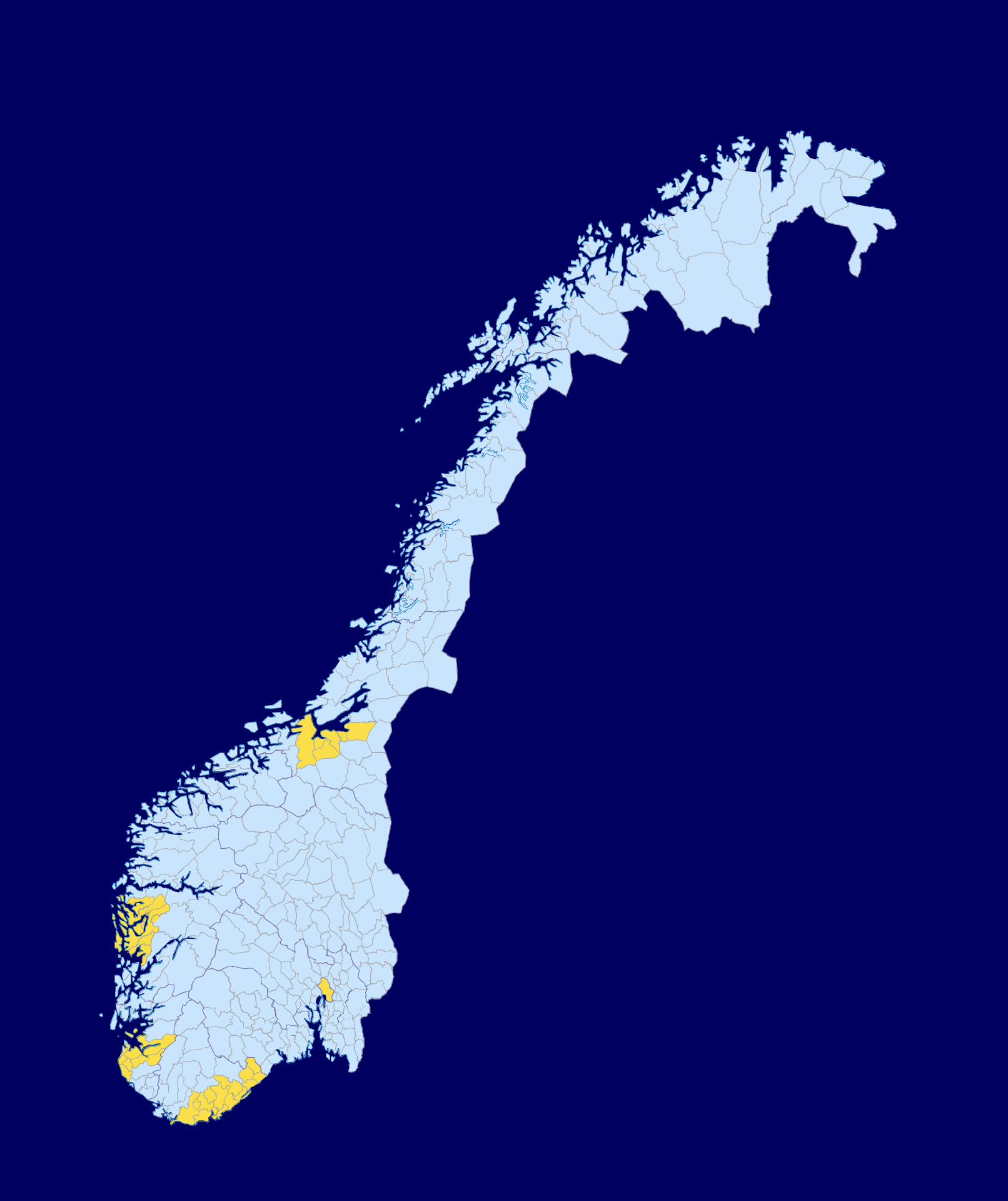 Kart over Norges kommuner, med kommunene som deltar i MiNS-studien markert med gul farge.