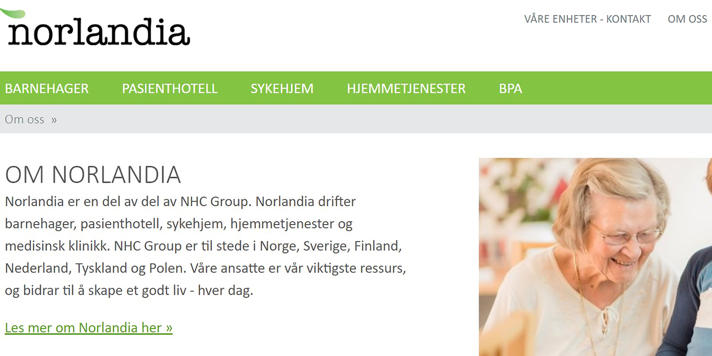 Utsnitt fra Norlandias hjemmeside, tekst og bilde av eldre dame