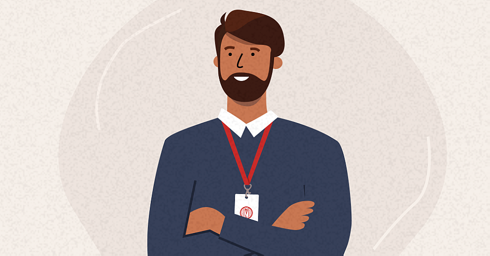 Illustrasjon av mann med skjegg og nøkkelkort rundt halsen