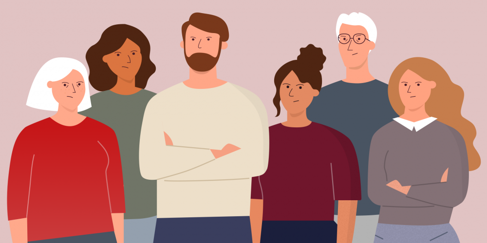 Illustrasjon av en gjeng personer som ser misfornøyde ut