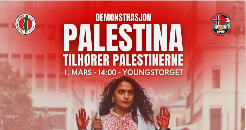 Plakat med teksten Palestina og dame med blodige hender bak.