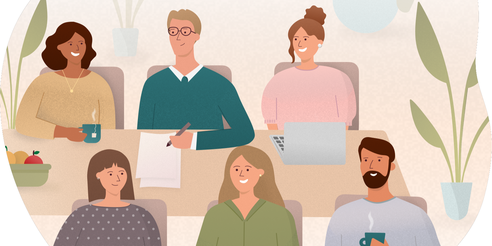 6 blide personer som sitter på møte, de drikker kaffe og noterer.