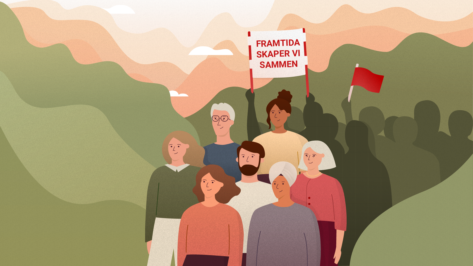 Folk i tog og tekst på banner: framtiden skaper vi sammen. Illustrasjon