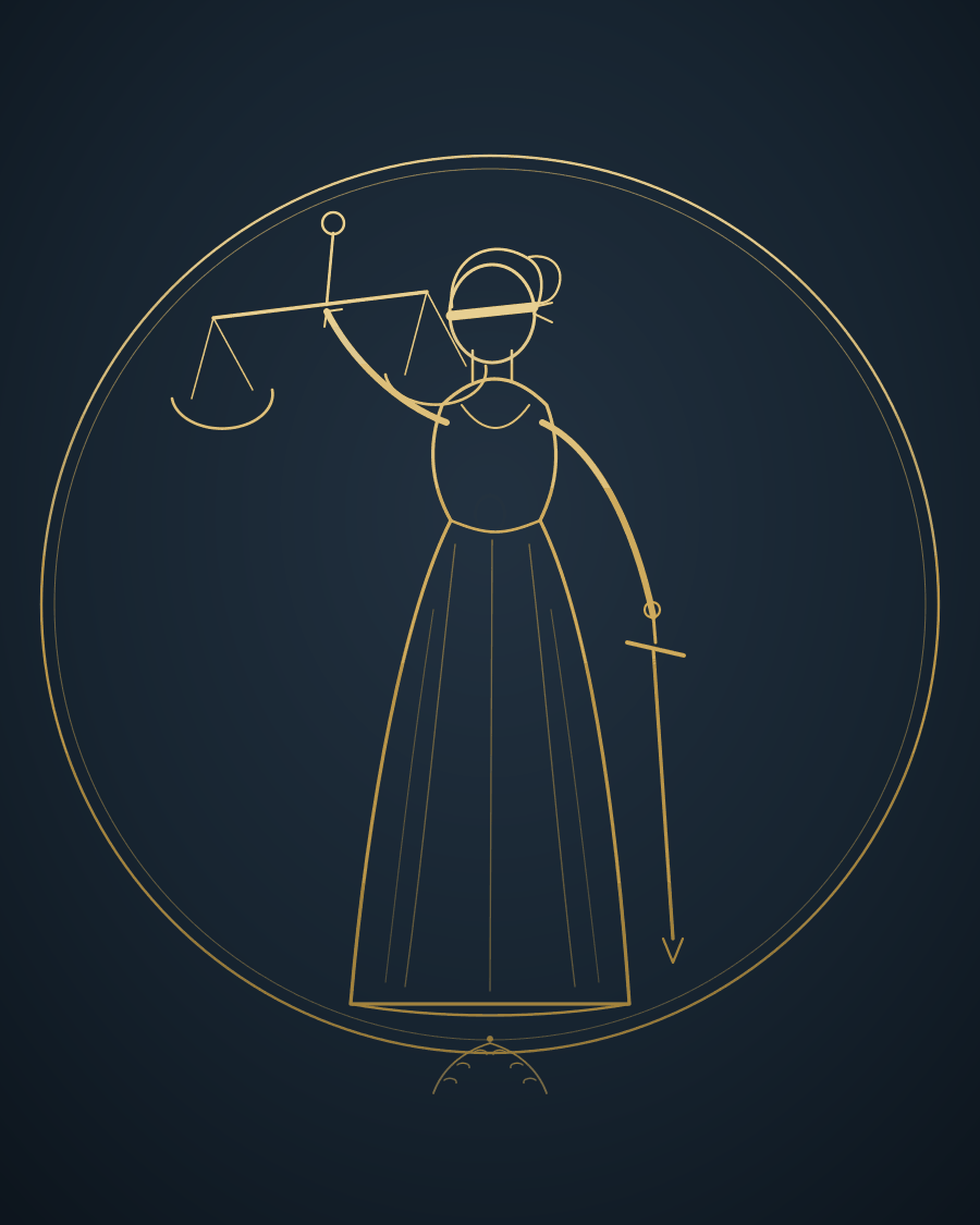 Elegant gold line illustration of Lady Justice, blindfolded, holding balanced scales aloft and a sword