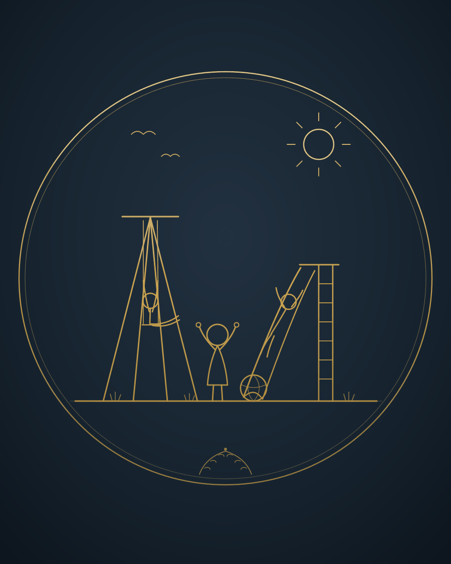 Elegant gold line illustration of happy children playing together on a playground — a swing, a slide, a ball and a child with arms raised in joy