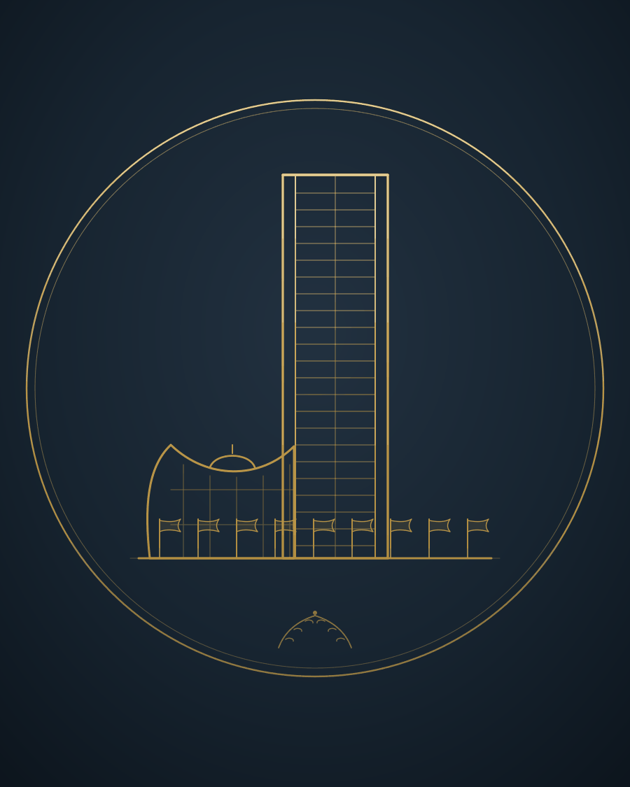 Elegant gold line illustration of the United Nations headquarters with the Secretariat tower, General Assembly building and flags