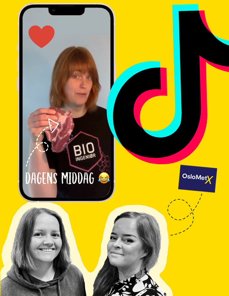 collage: mobilvideo med hjerte og latter-emoji. Tik-tok logo. Gabi og Ingebjørg. 