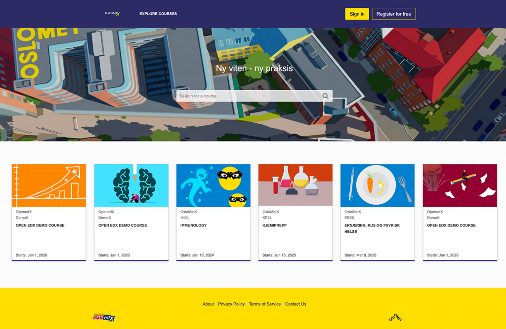 demo av nye OsloMetX. Bannerbilde med søkefelt og flere kurs