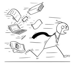 illustration of Stick figure running away from books, papers and laptop looking scared.