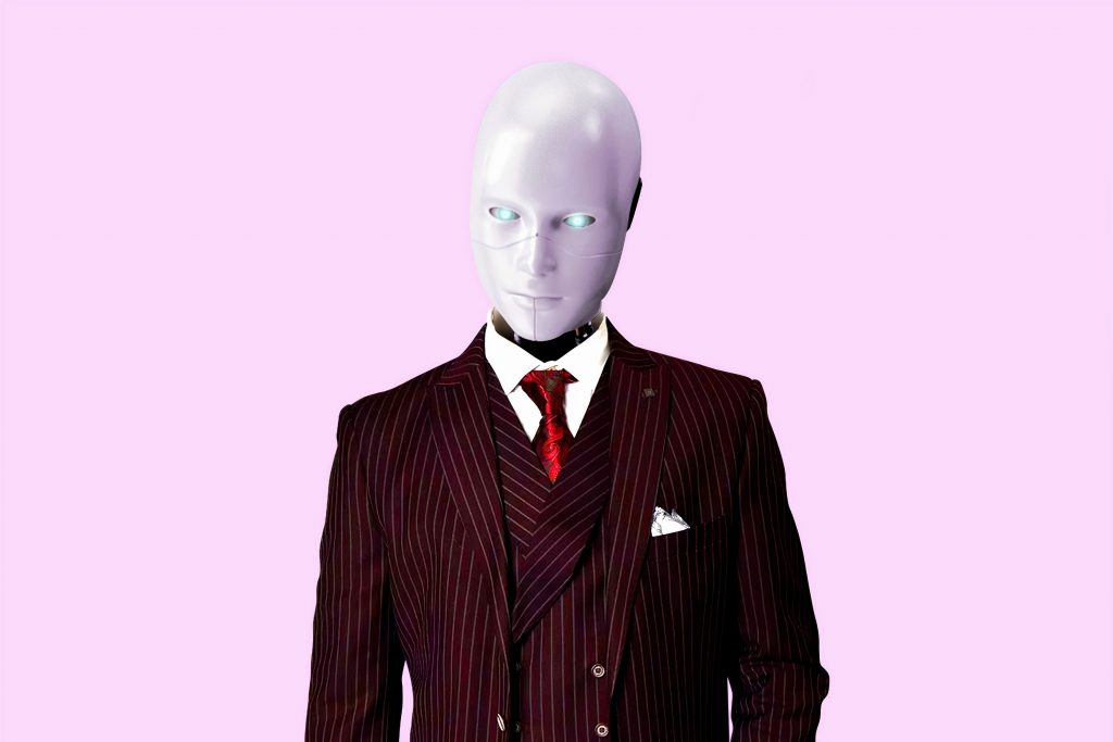 Scary-looking android in a suit, looking at the camera