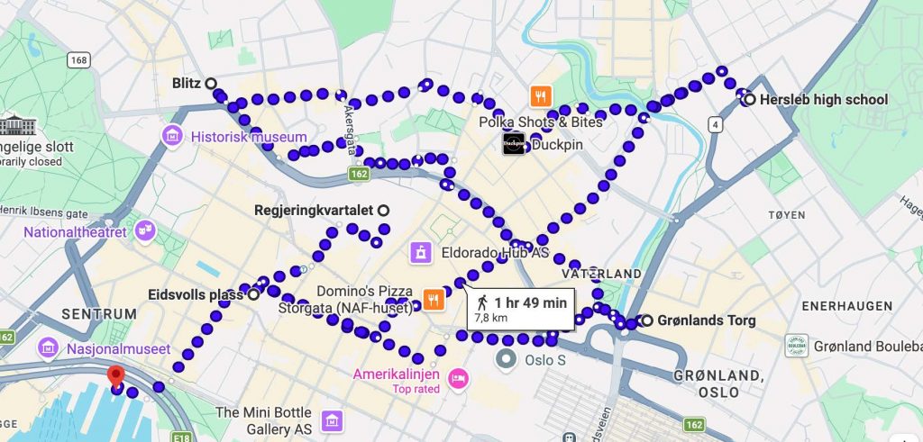 Map of the walking route from Google maps