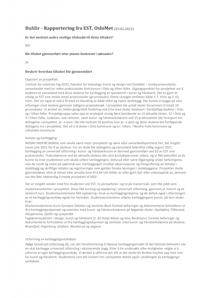 Første side av dokumentet "Bufdir- Rapportering fra EST, OsloMet"