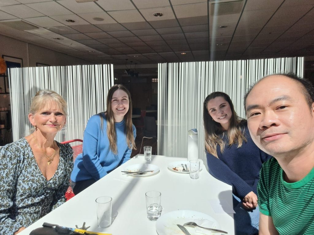 Picture of Anne, Abby, Lauren and Bong at a simple farewell lunch