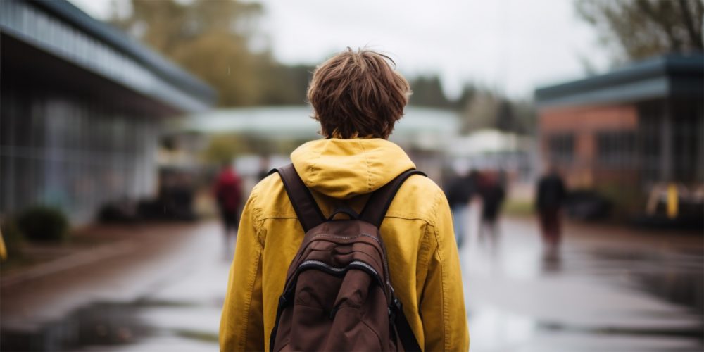 Ung gutt foran skole med ryggen til. Gul jakke og brun ransel.