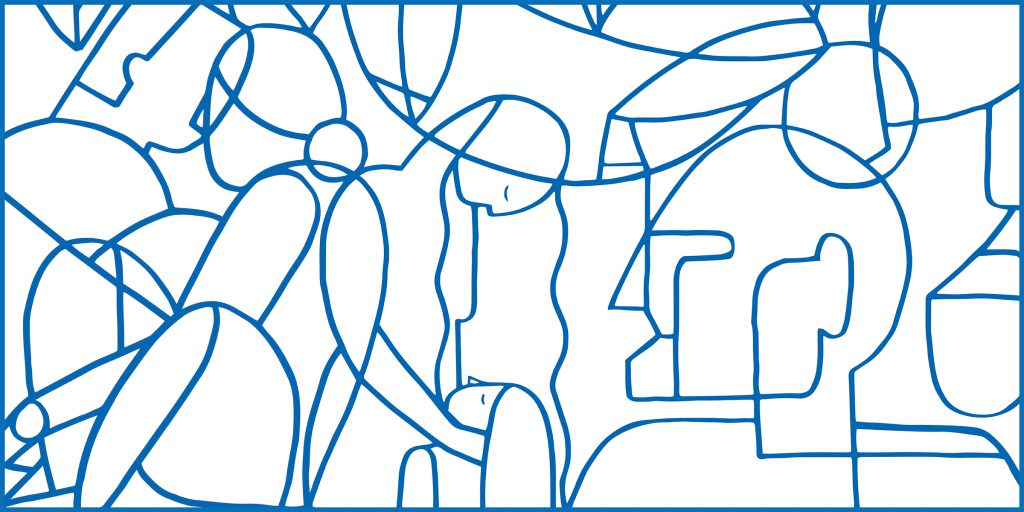 Blå strektegninger oå hvit bakgrunn basert på porten i Vigelandsparken