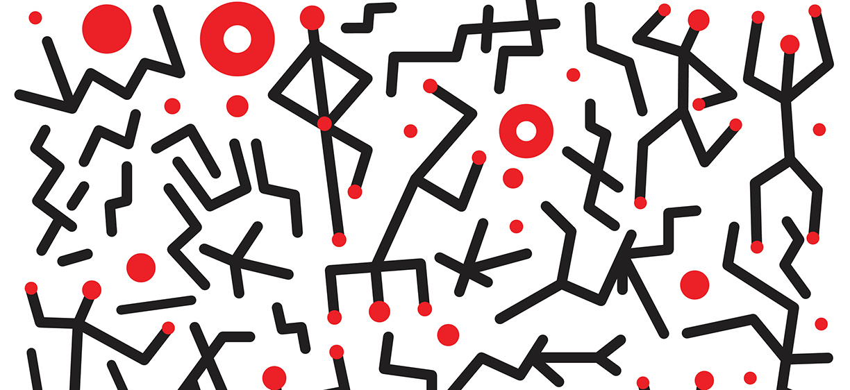 Abstract illustration red and black, stick men and red circles. Photo: colourbox
