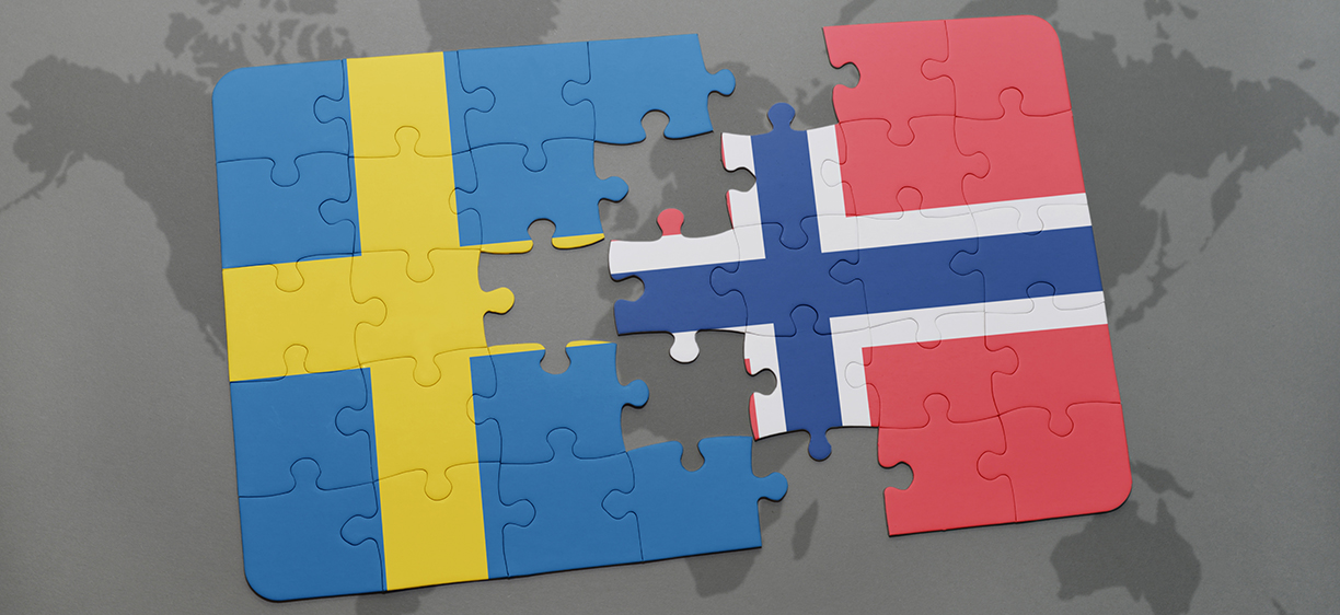 puzzle with the national flag of sweden and norway on a world map background. 3D illustration