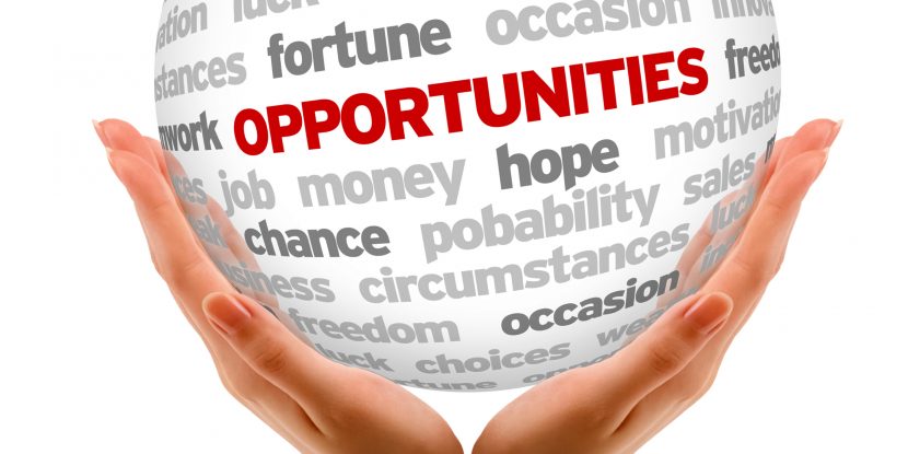 Hands holding a Opportunities word Sphere sign on white background.